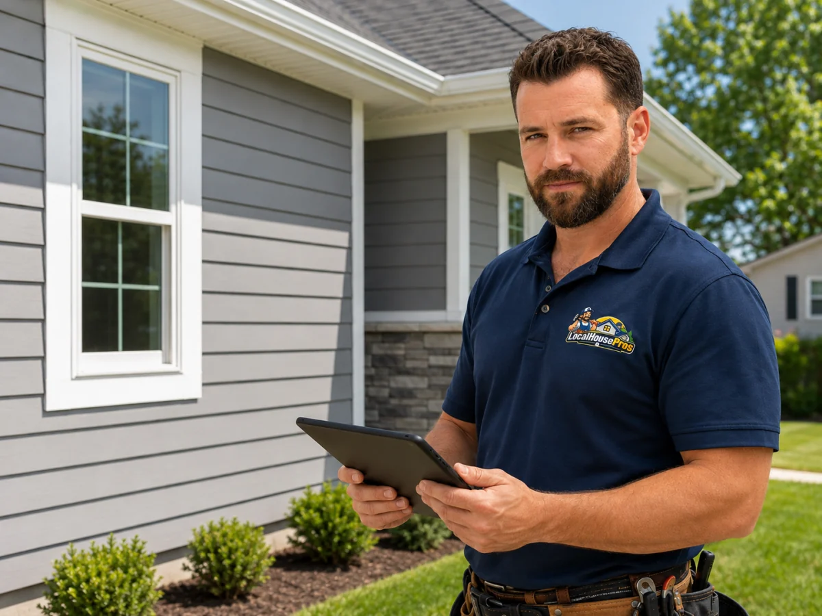 A Local House Pros contractor holding a tablet in front of a completed home exterior